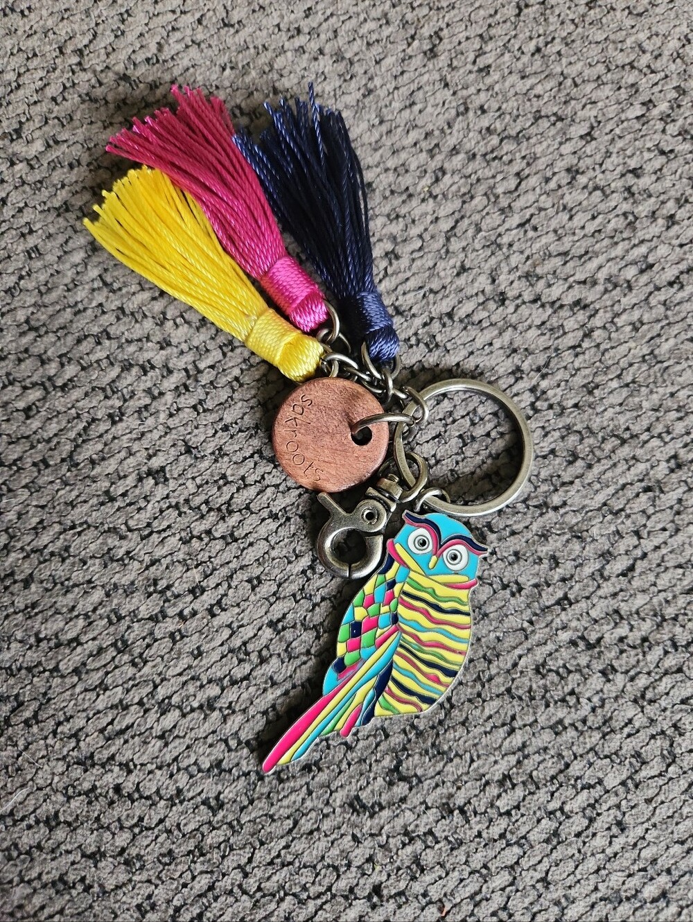 Sakroots Owl Keychain Bag Charm Tassel Boho Blue Pink Silver Tone Accessory